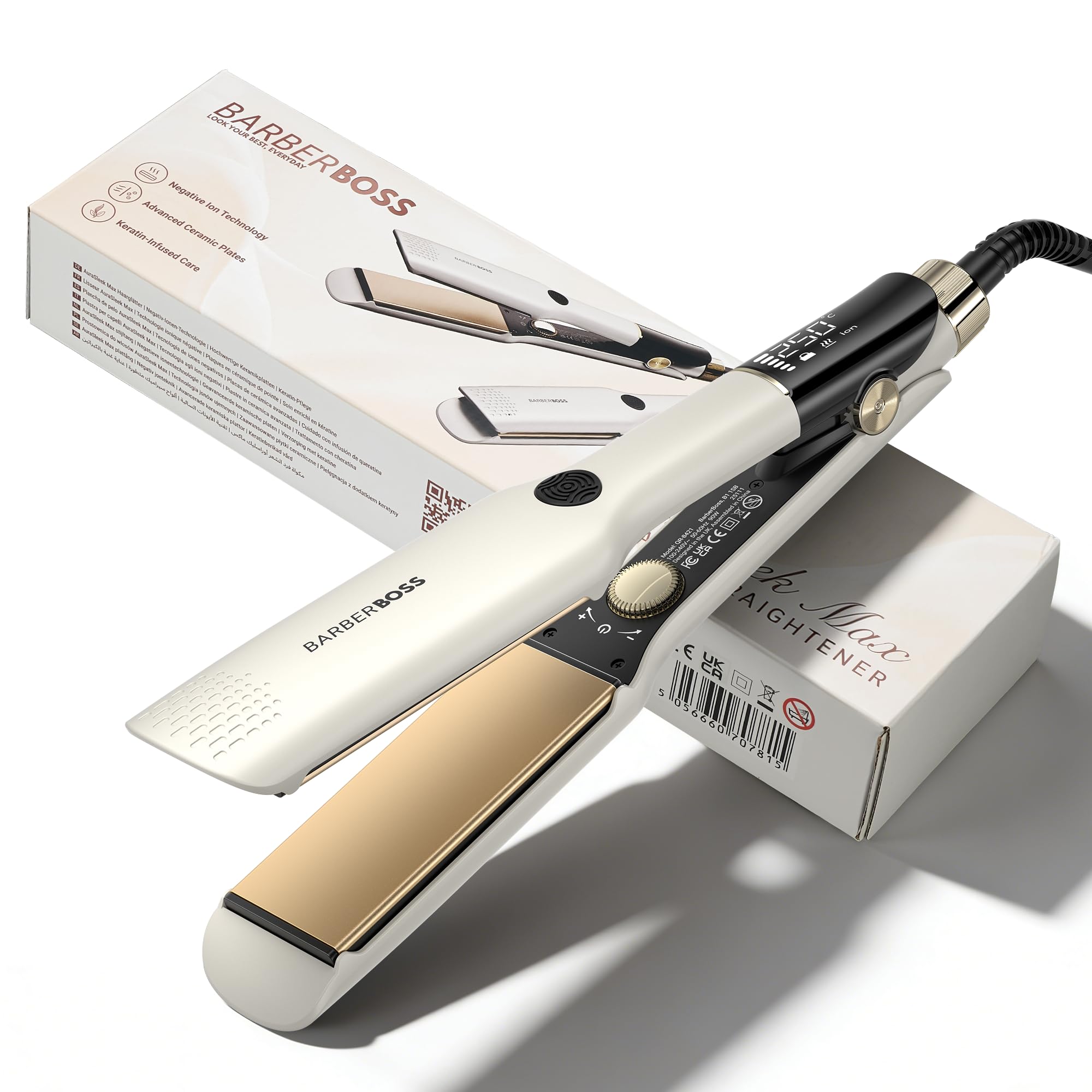 BarberBoss Hair Straightener, Wide Floating Ceramic Plates, Negative Ion & Keratin Infusion for Thick Hair, 14 Heat Levels, Dual Voltage Flat Iron for Smooth and Frizz-Free Hair (QR-8421, White)