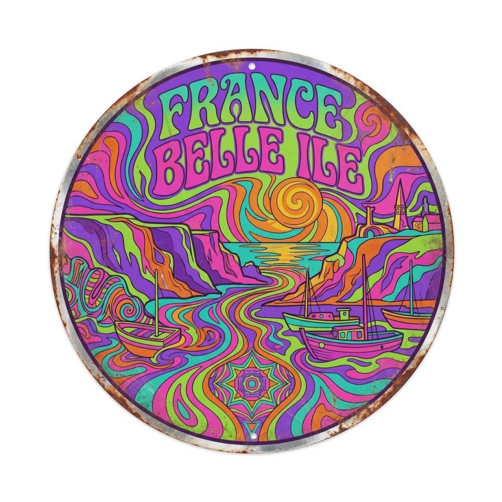 Yrnq 8X8inch Vintage Style Belle Ile Cliffs French Psychedelic Harbor Landmark Metal Tin Sign
