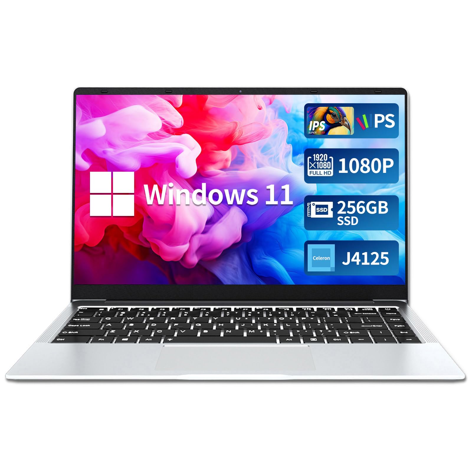 DARYUKUM PC Portatile da 14 pollici, Notebook con processore Win11 Pro Celeron J4125, Laptop 8 GB LPDDR4 256 GB SSD ROM Mini HDMI USB 3.0 2.0 WiFi Bluetooth 5.0 Argento PC sottile e leggero