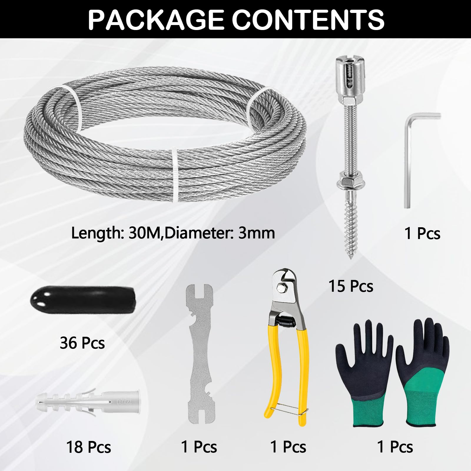 30M Tutor para Plantas Trepadoras, Cable de Acero Inoxidable T316 Sus de 3 mm, Kit Completo con Cortaalambres, Guantes Resistentes a la Abrasión y Accesorios de Enrejado para Vides y Flores