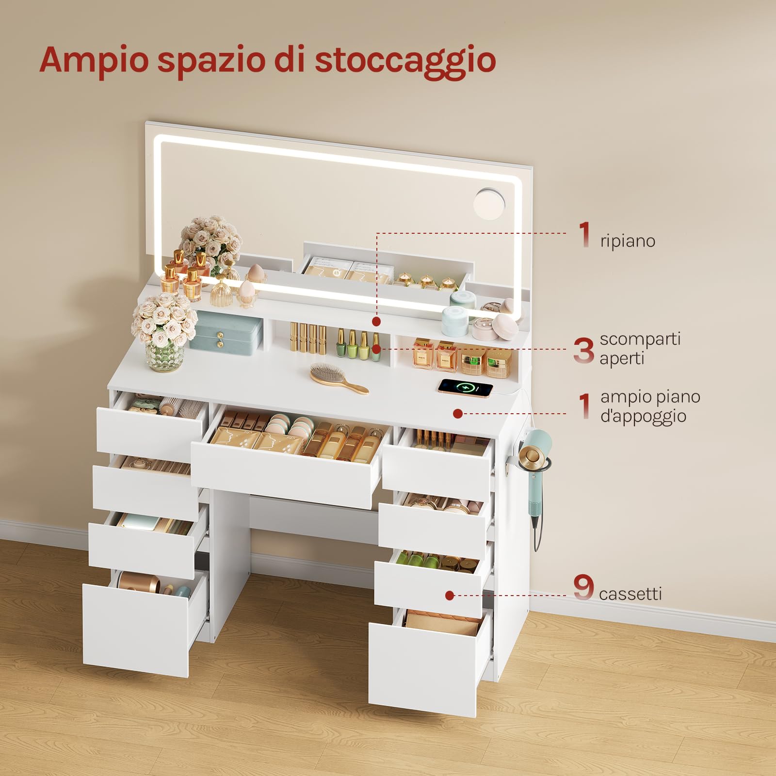 WOLTU Toletta da Trucco con Specchio e Luci, Postazione Trucco con Ingranditore 5x, Stazione di Ricarica, 9 Cassetti, 3 Scomparti Aperti e Supporto per Asciugacapelli, per Camera da Letto, Bianco
