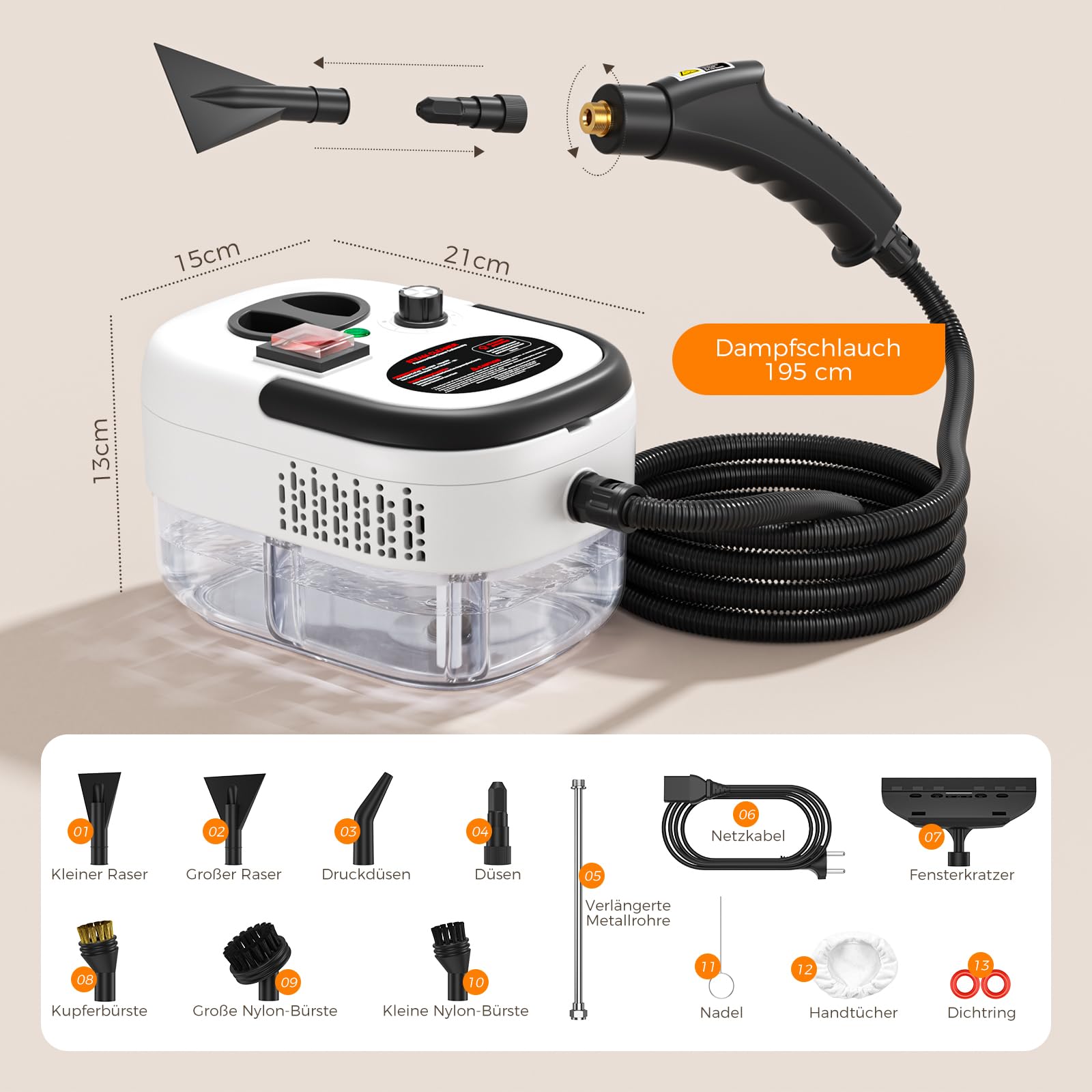Dampfreiniger Handgerät, Hochdruck Dampfreiniger, Steam Cleaner Chemikalienfreier Hochdruck-Dampf – Schmutz Fett & Bakterien, Dampfreiniger für alles, Handdampfreiniger für Auto, Haushalt (Weiß)