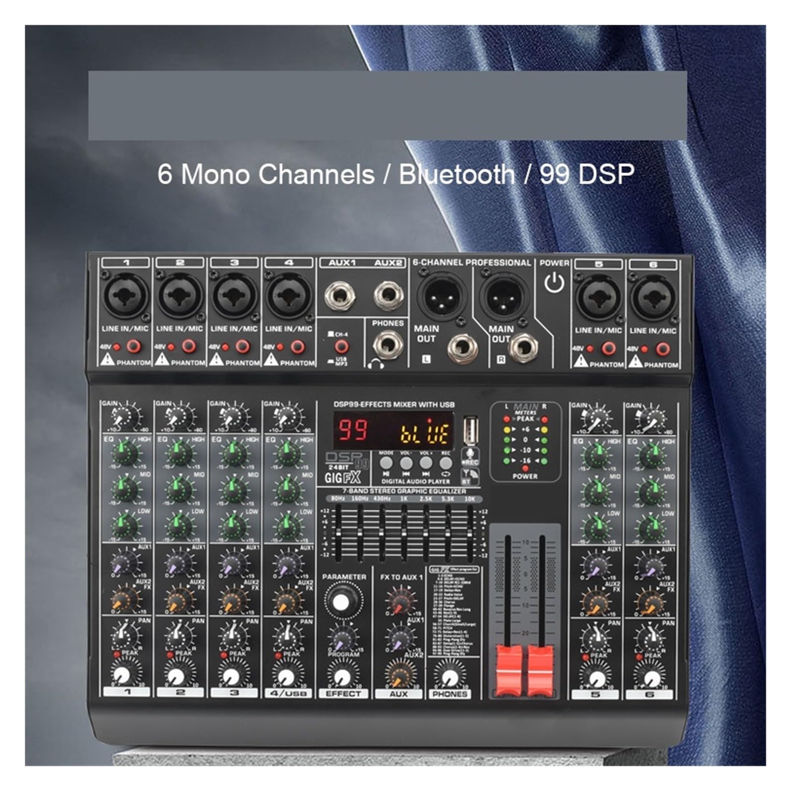 Audiomixer 6 Kanäle Audio DJ Mixer Individuelle 48V 2 AUX Ausgang Mischpult 99 Effekte USB Play Sound Mix Table