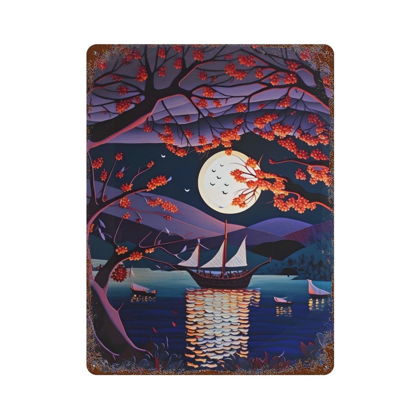 Garage Style Boat in Moonlight Rust Effect Tin Sign 15.7"x11.8", Industrial Home Decor for Bar And Workshop