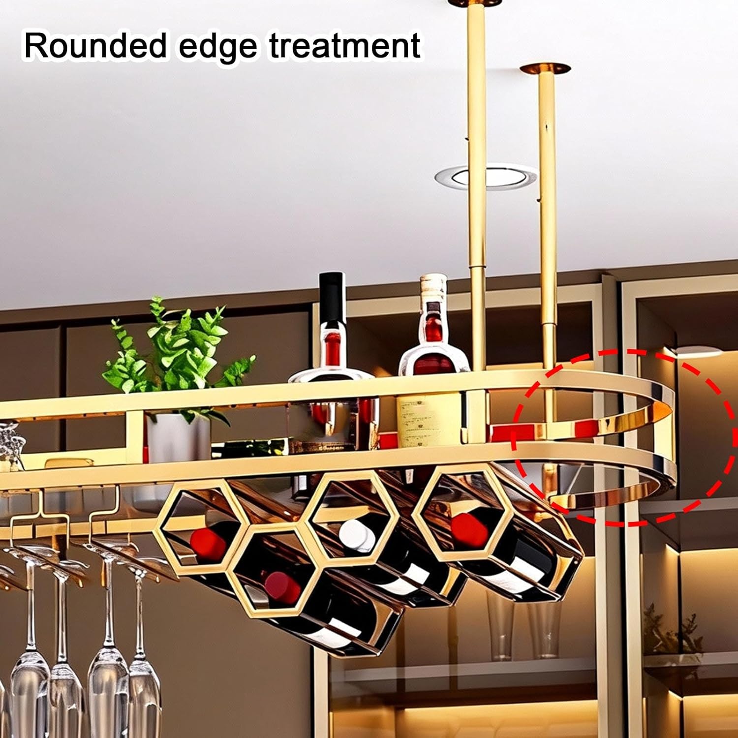 Suspended Wine Rack with Upside-Down Glass Holder Gold Stainless Steel Hexagonal Bar Shelves Adjustable Height Hanging Rod Acrylic Shelf Included Rounded Corner(47.2x13.8)