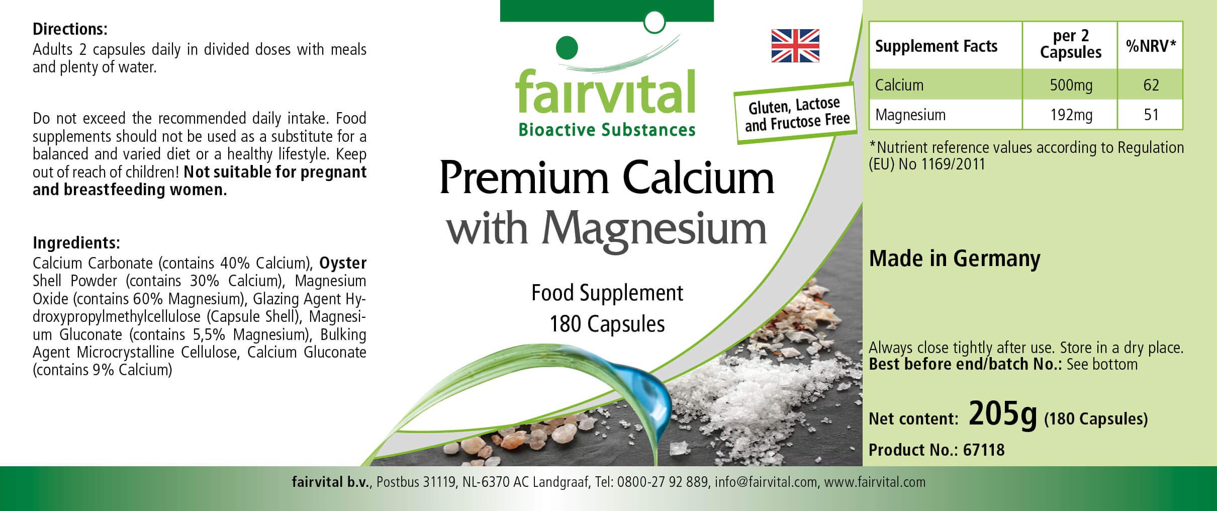 fairvital Premium Calcium Magnésium en gélules, 180 gélules, pour 3 mois, HAUTEMENT DOSÉ, avec poudre de coquilles d'huîtres