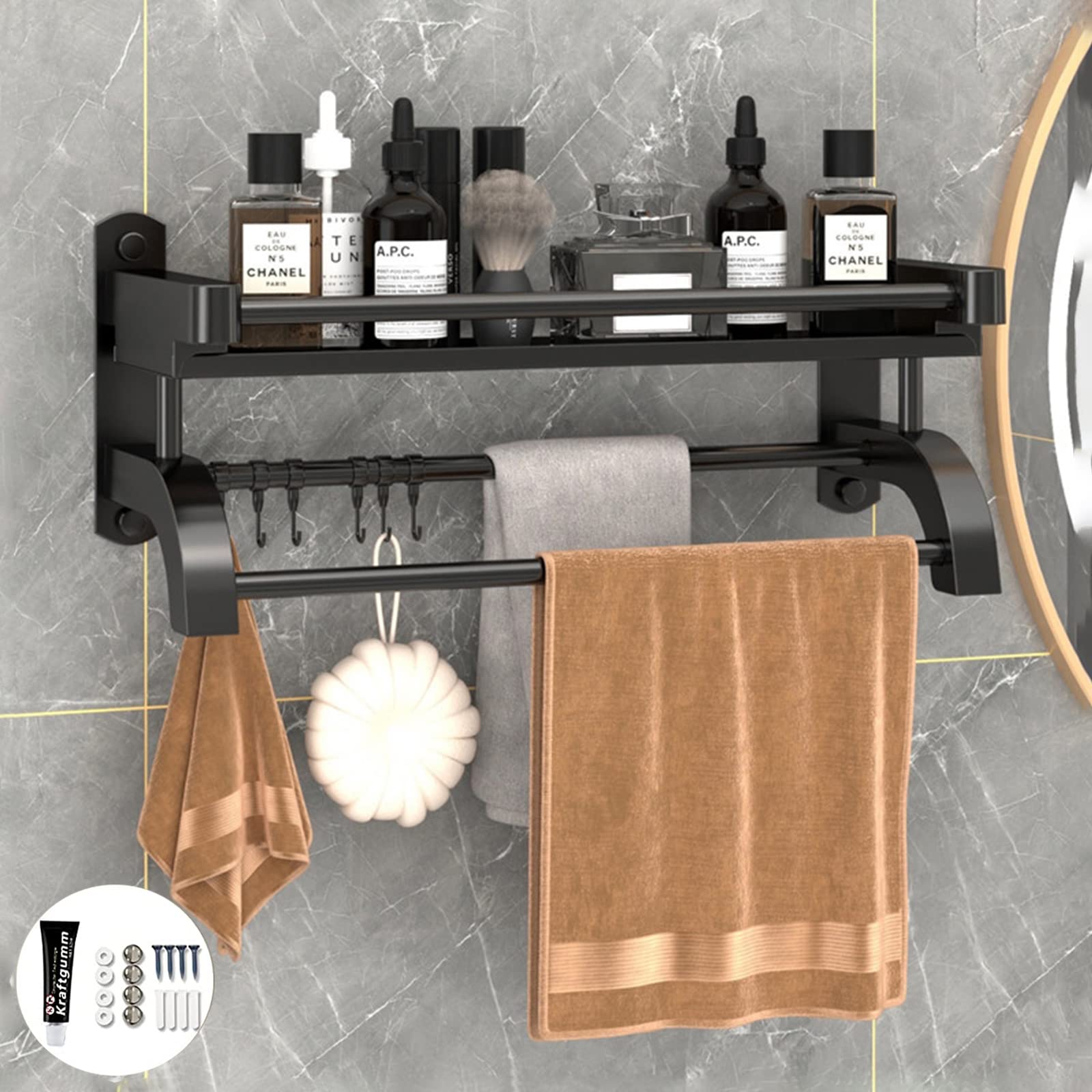 wolpin Stainless Steel Wall Shelves with Towel Hanger & Hooks Multipurpose Wall Mount Bathroom Storage Rack Box Strong Bathroom Accessories Rack Shelf, Set of 1, Black (B0B2PSW7C4) Amazon Price History, Amazon Price Tracker