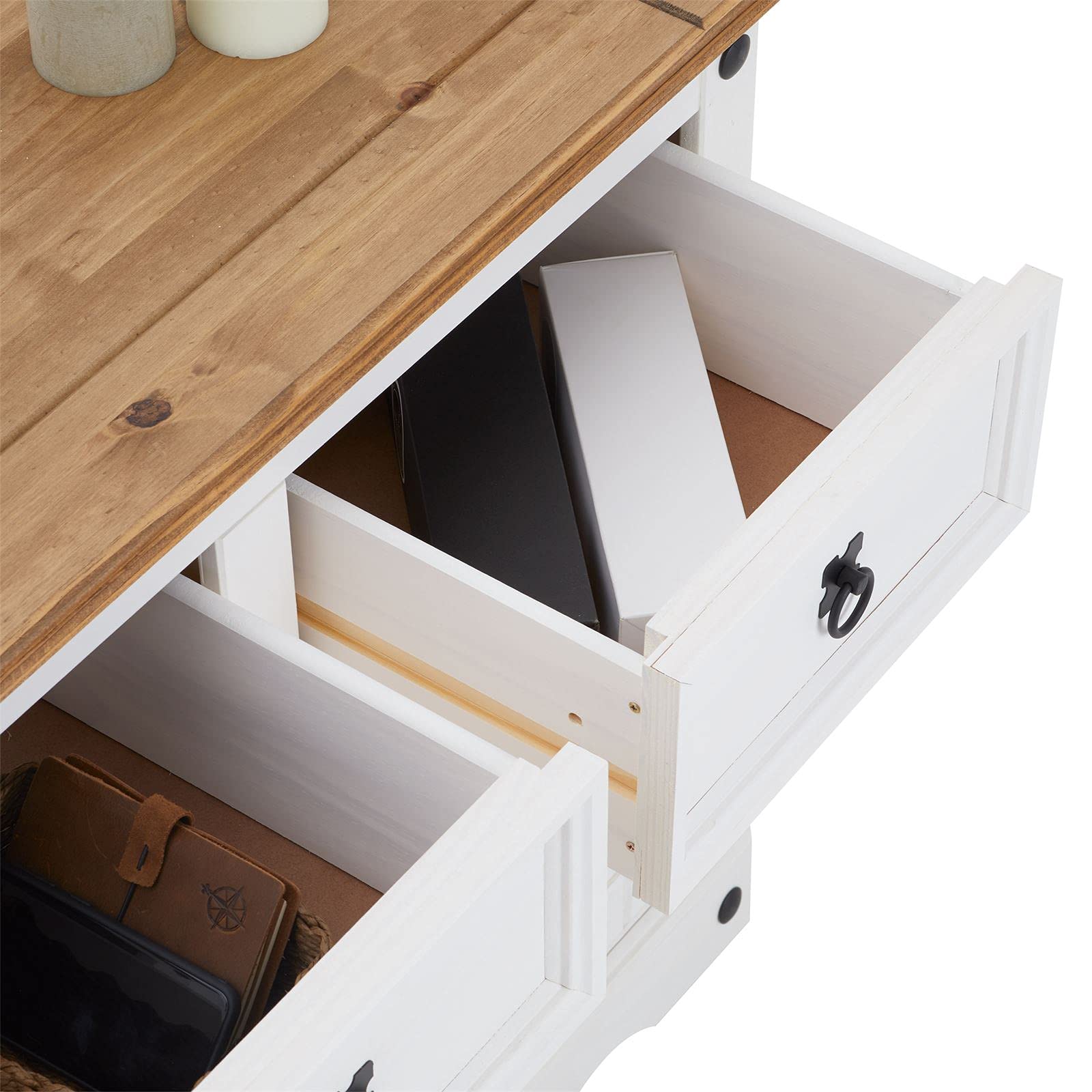 CARO-Möbel Kommode Campo Sideboard Buffetschrank Geschirrschrank Kiefer massiv mit 2 Schubladen und 2 Türen, braun/weiß