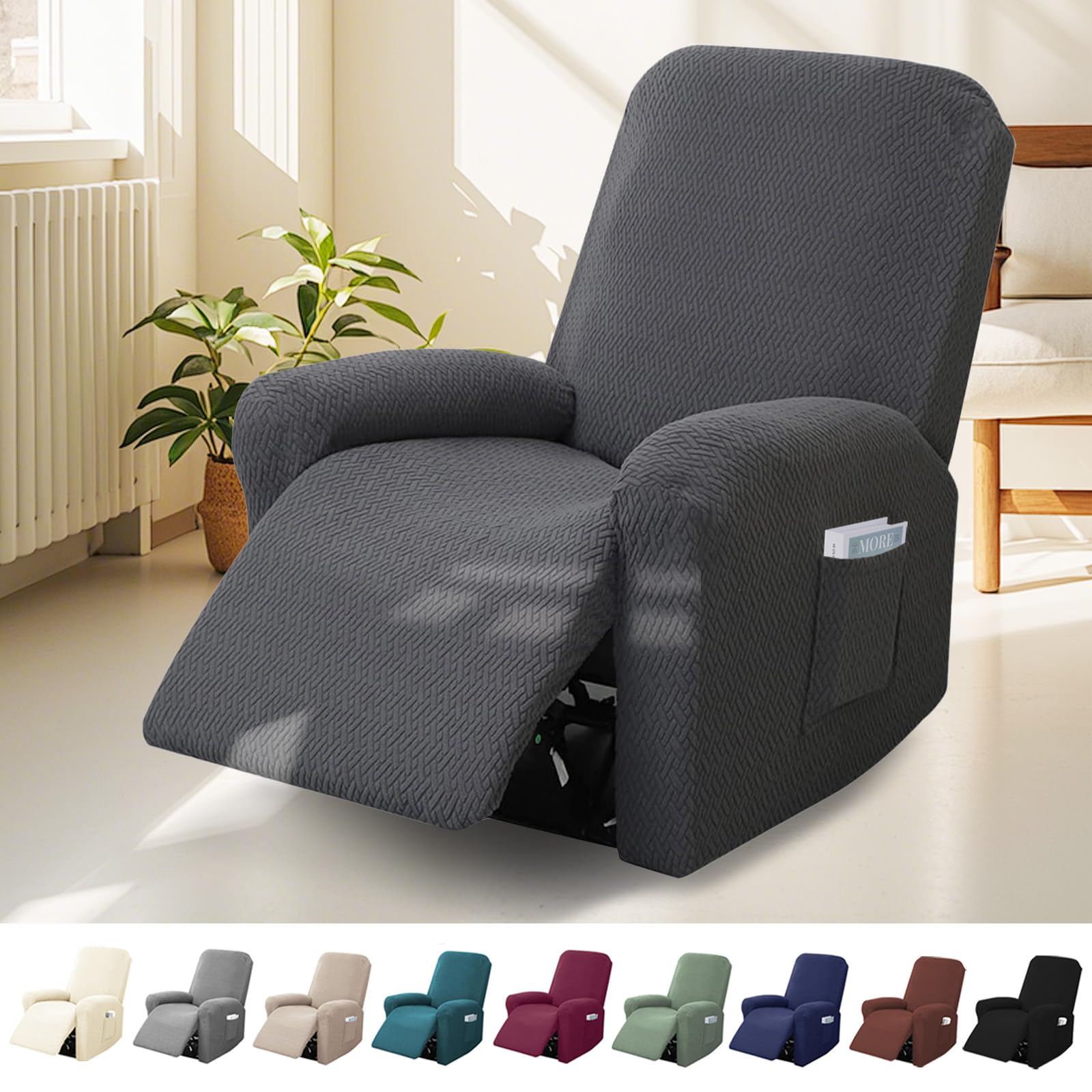 Bocguy Stretch Recliner Chair Cover, 4-Pieces Recliner Armchair Covers for Living Room Reclining Chair Slipcover with Side Pocket, High Spandex Slipcover/Lounge Cover, Slip Resistant — image 1