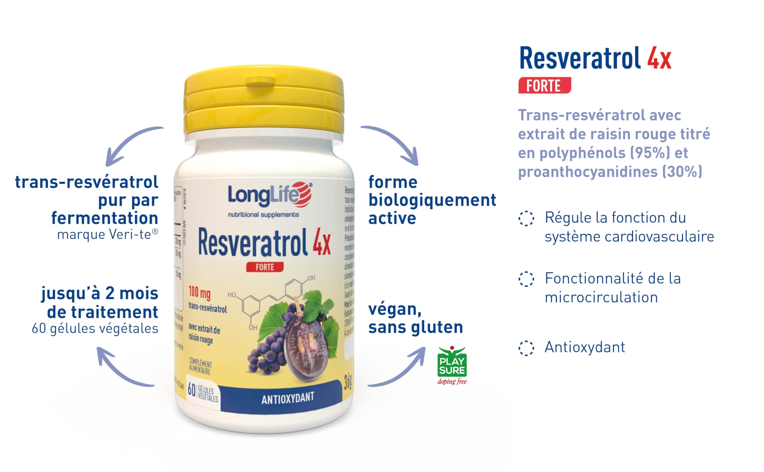 LongLife® Resveratrol 4x Forte | Trans-resvératrol pur (Veri-te™) et raisin rouge | Cœur et circulation | Jambes légères | 60 gélules | Végan et sans gluten