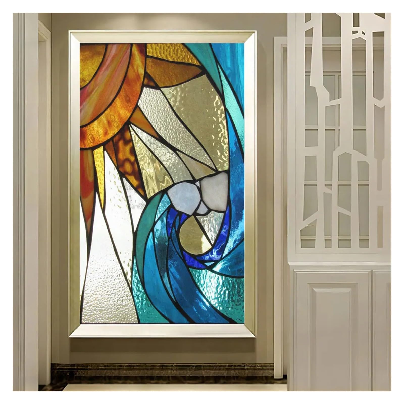 Mdsiokhj Color 1 Stained Glass Window Film Church Style Pattern Pvc Frosted Sliding Door Decoration Film Static Clings Non-Glue Glass Sticker(,50Cmx90cm)
