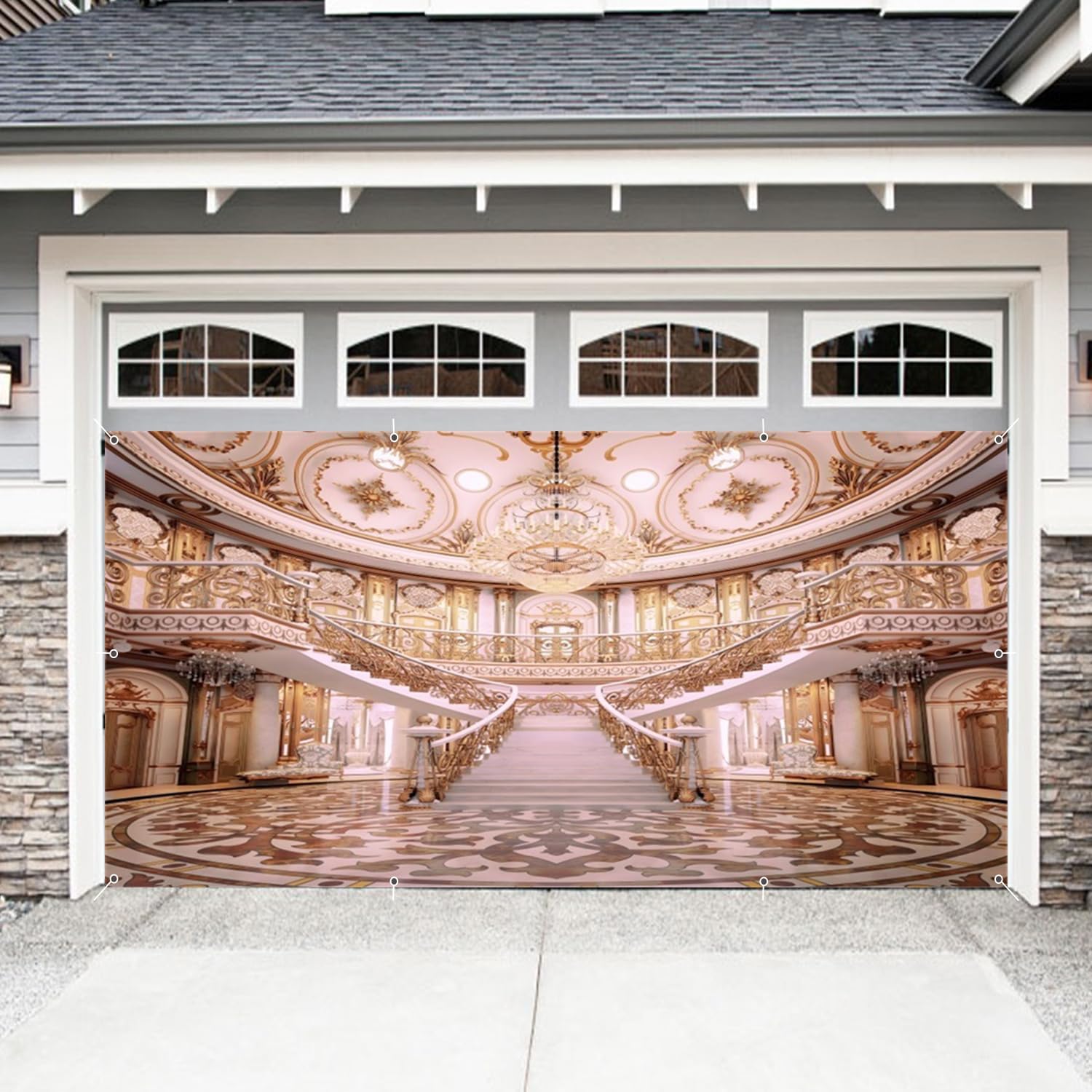 Luxurious Palace Garage Door Cover Banner Decorations Backdrop 7x16ft Large European Medieval Royal Palace Staircase Garage Door Decorations Birthday Party Wedding Outdoor Garage Door Banner Supplies