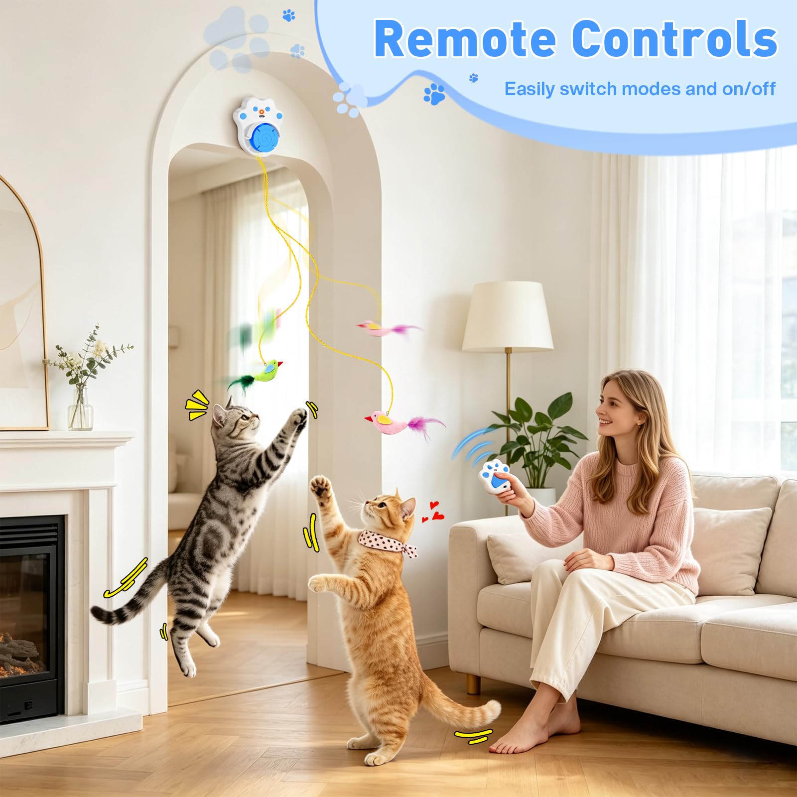 DoubleCare Juguetes interactivos para gatos de interior, juguete automático de plumas de pájaro volador para gatitos aburridos y gatos adultos, manos libres o de mano, azul