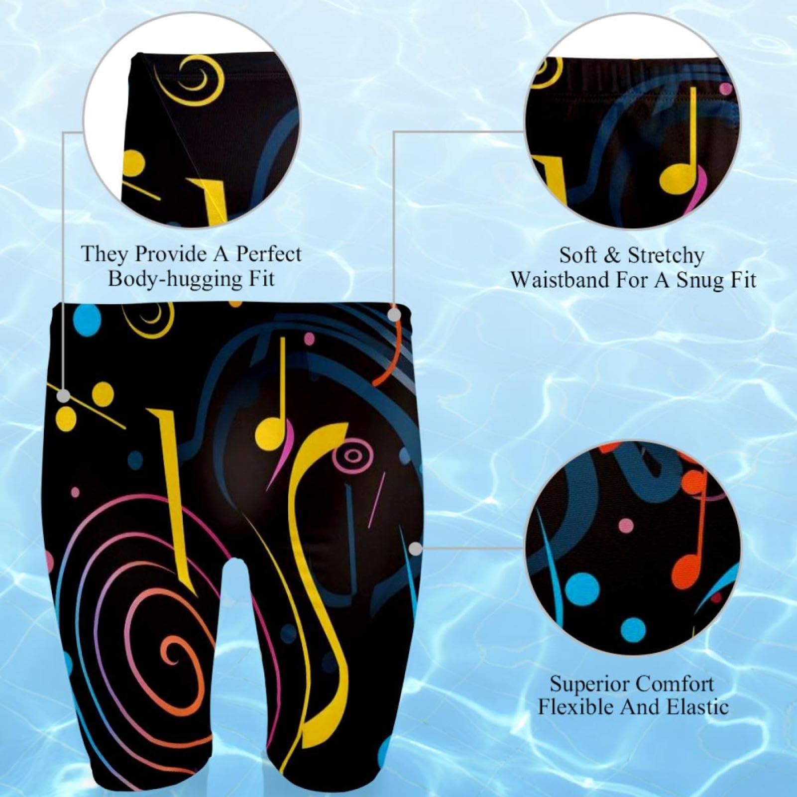 Colorful Music Notes Swimsuit for Men & Boys,Competition Lap Swim Suit, Square Leg Endurance Training