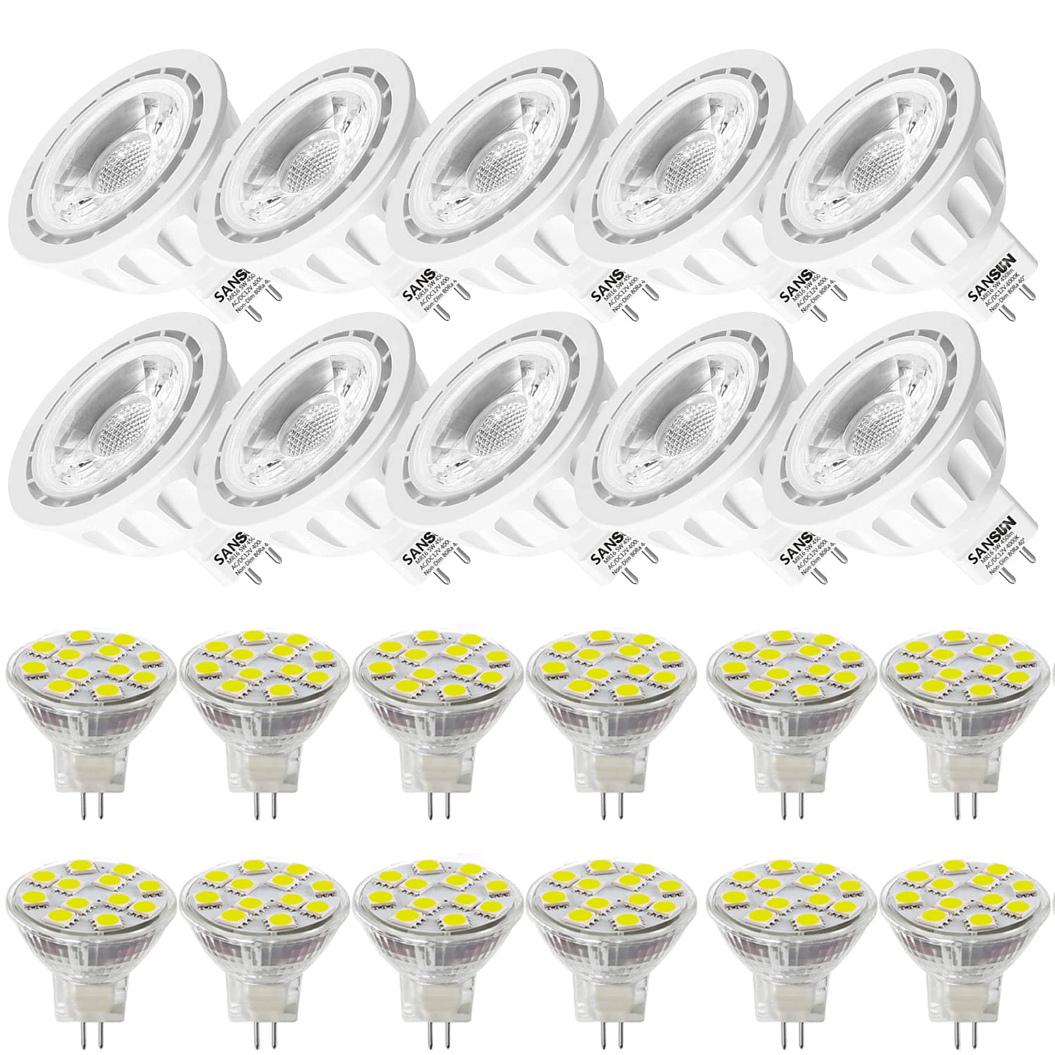 SANSUN12V Low Voltage Indoor/Outdoor LED Bulbs, Bundle with 10pcs 5W MR16 and 12pcs 2.4W MR11, Non-Dimmable