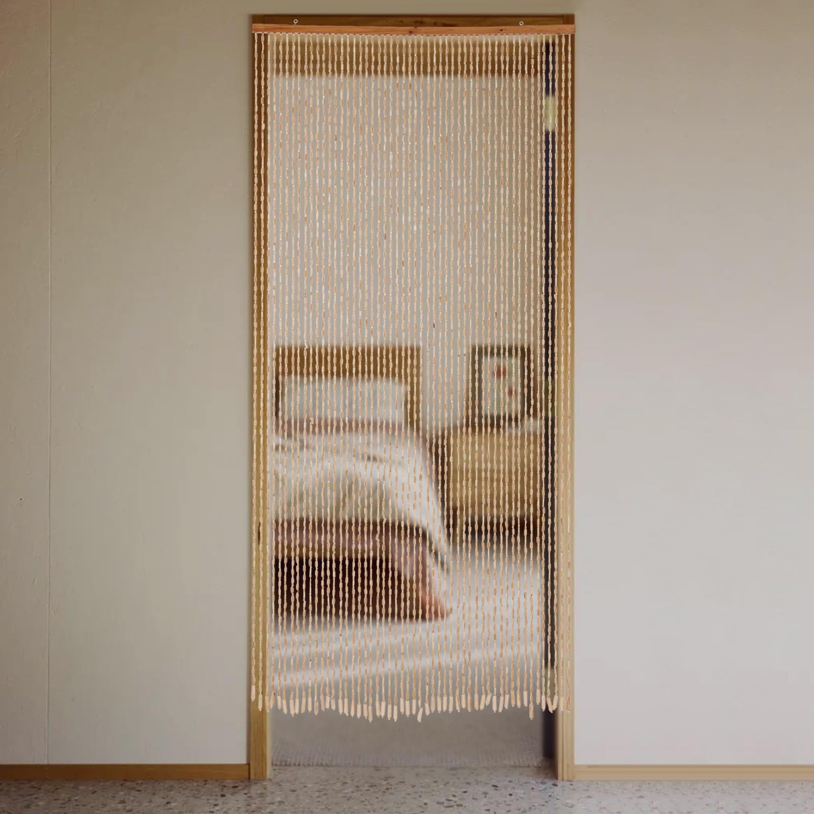 Rideau de porte rétro en perles de bois - 52 lignes - Rideau de porte en perles de bois - Rideau anti-mouches - Rideau de séparation en fil de bambou - 200 x 90 cm