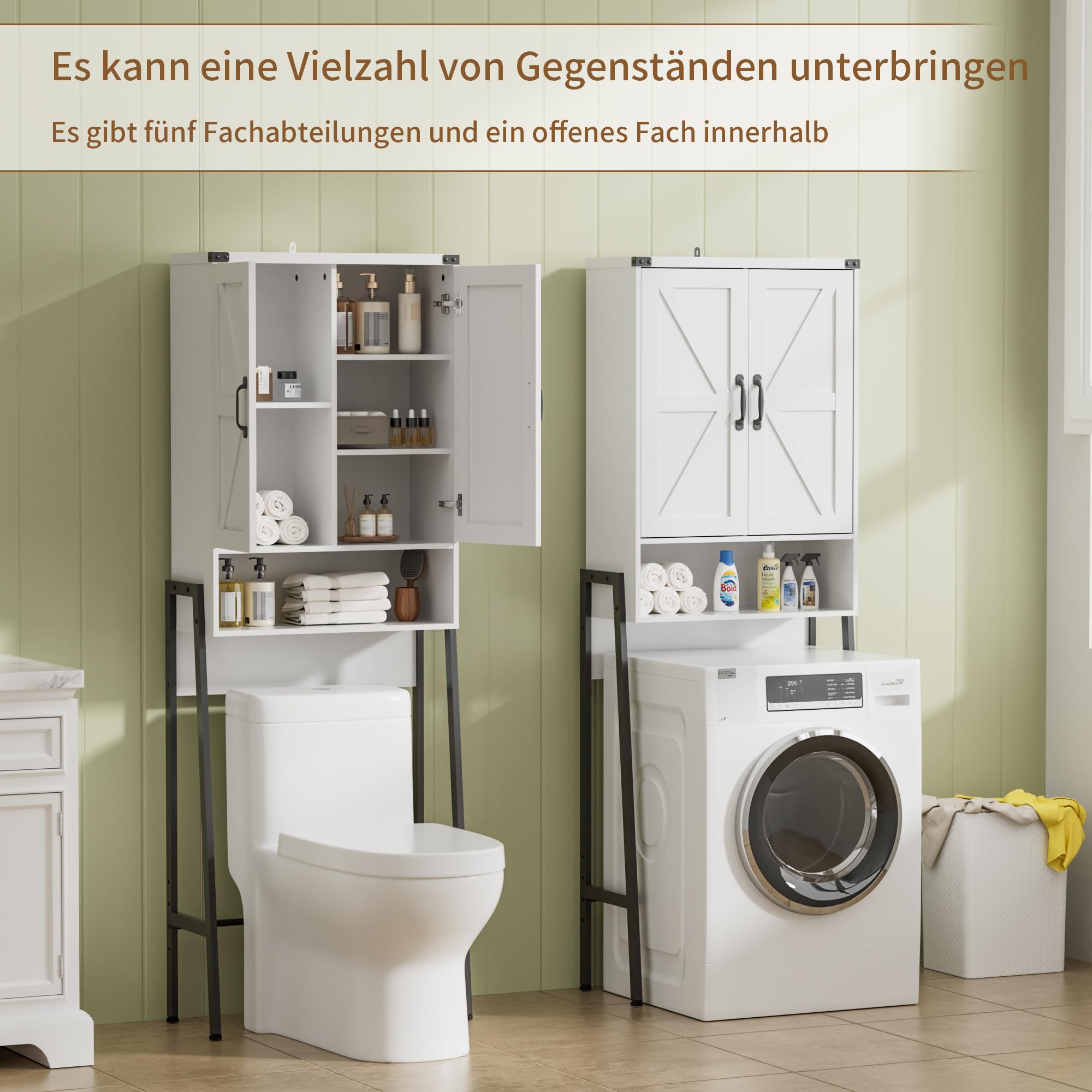 BonVache Toilettenregal mit 2 Türen, Badezimmerregal mit Schrank und Offene Fächer, Regalen für kleine Waschmaschinen, Toilettenschrank für Badezimmer, 171x59.6x25.3cm, Mattweiß