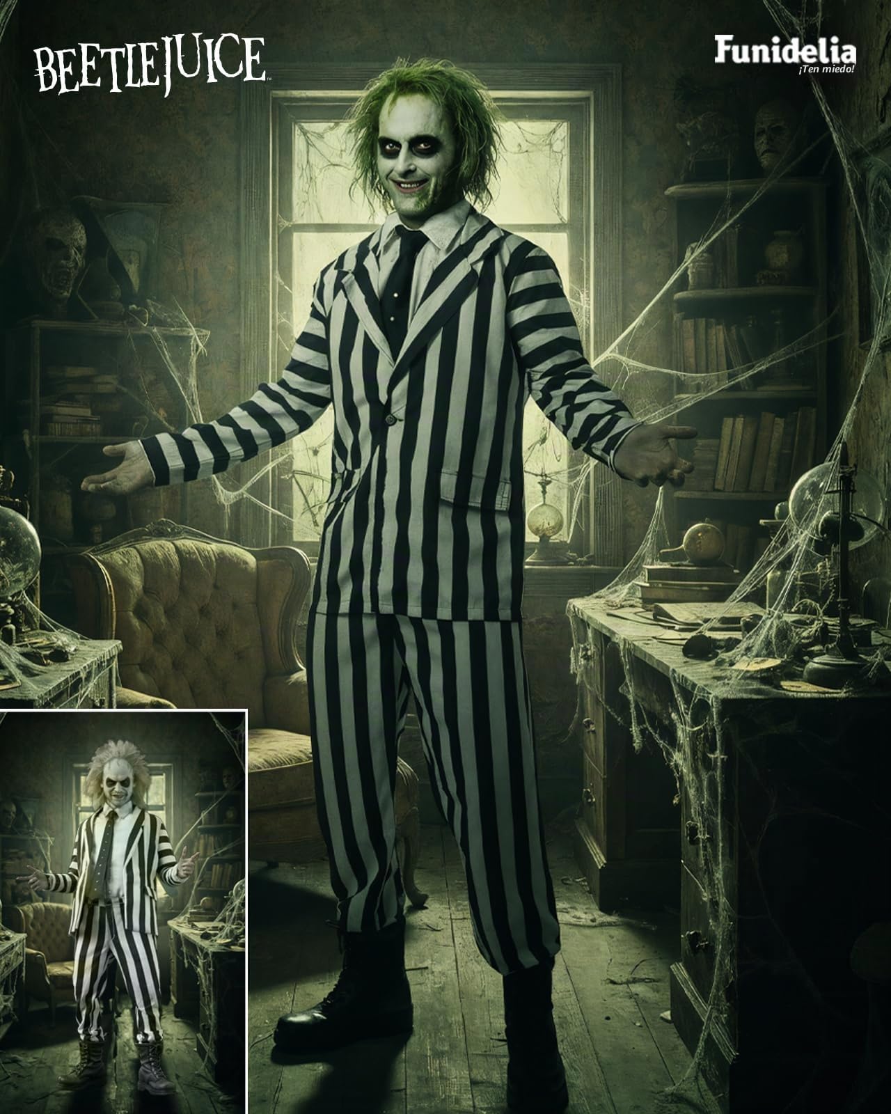 Funidelia Disfraz Oficial de Beetlejuice para hombre, Tim Burton, Incluye americana, pantalón y corbata - Traje para adultos para fiestas, Carnaval y Halloween