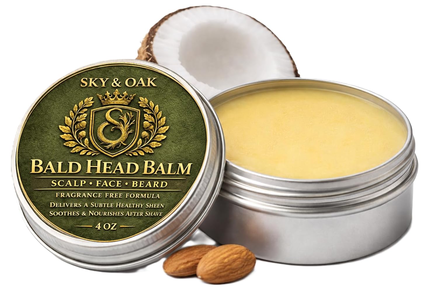 Bald Head Balm for Men – Daily Care, Fragrance Free Moisturizer for Scalp, Face & Beard with Jojoba, Sweet Almond, Coconut Oil, Vitamin E & Shea Butter – 4 oz