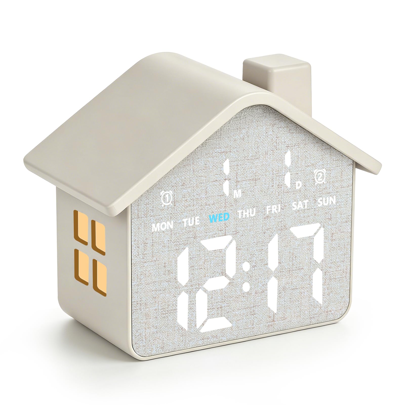 Foyucool Cute House Alarm Clock Mains Powered for Bedroom, Linen Grey