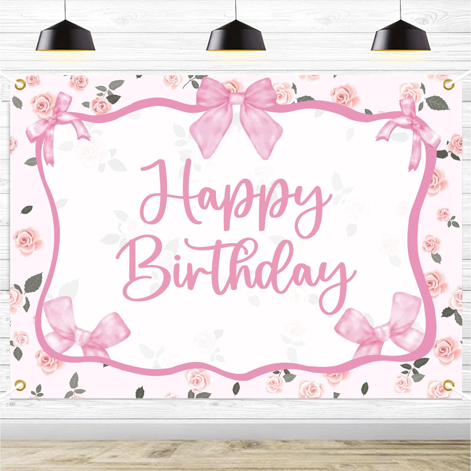 Coquette Happy Birthday Backdrop Banner - Pink Bow Birthday Party Decorations, Floral Happy Birthday Banner, Coquette Baby Shower Birthday Party Photography Backgrounds, 7x5Ft