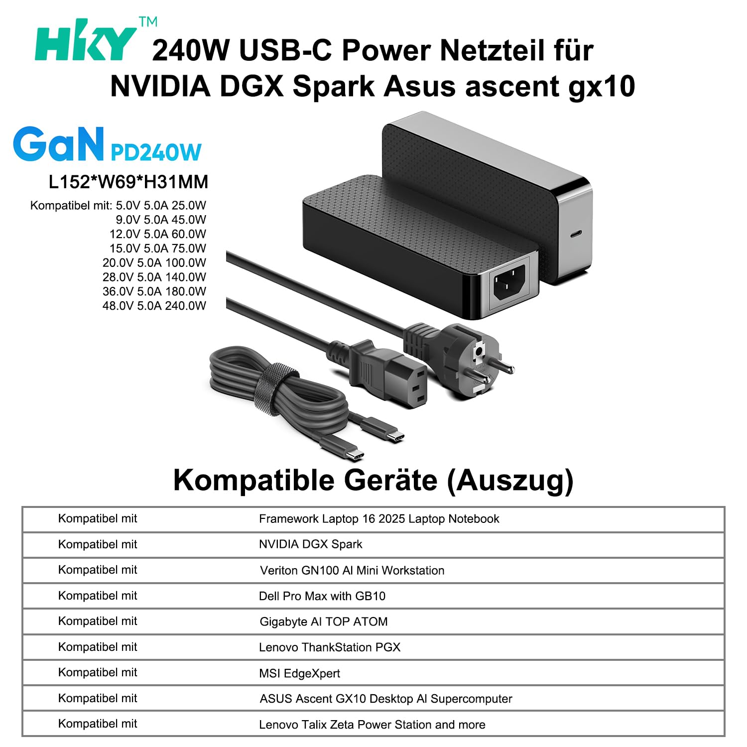 HKY Caricatore GaN ultra compatto da 48 V, 5 A, 240 W, 36 V, 5 A, 180 W, USB C, per computer portatile Framework 16 (2025), per NVIDIA DGX Spark, per Lenovo ADL180YGSHC3A ADL265YDC3A per Dell