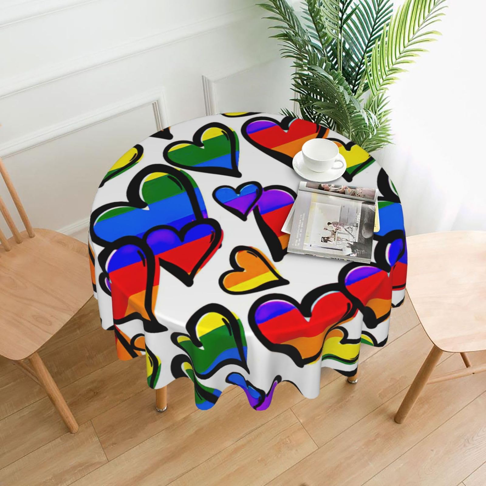 Uusnwaa Rainbow Colored Gay Pride Hearts Print Round Tablecloth 60 Inch, Stain Wrinkle Resistant Washable Polyester Table Cover For Kitchen Party
