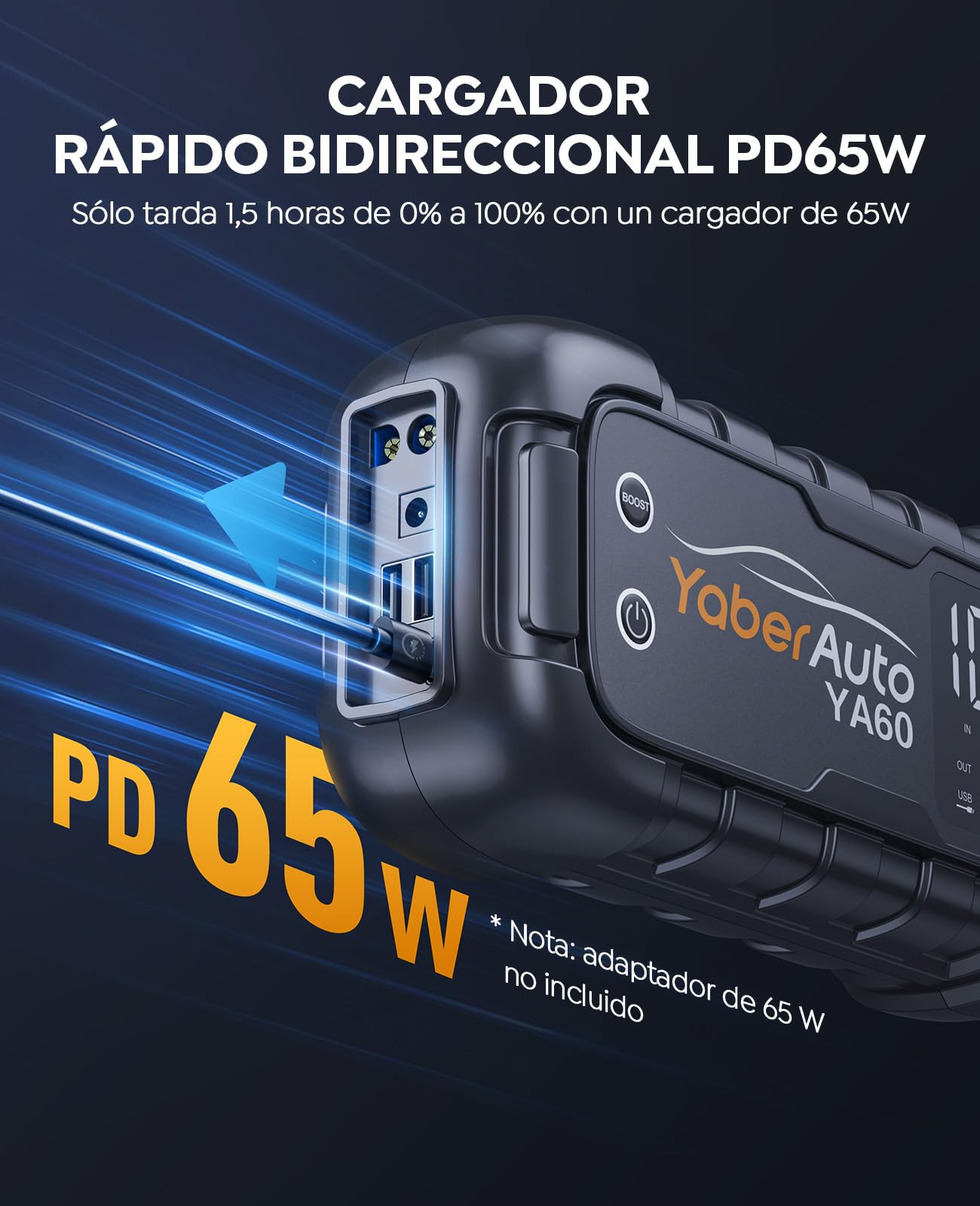 YaberAuto Arrancador de Baterias de Coche 8000A Arrancador de Coches(para Todo vehículo de Gasolina o 12,0L de Diesel) Arrancador Coche Portatil con 65W Carga Rápida,Gran Pantalla LED,Linterna LED
