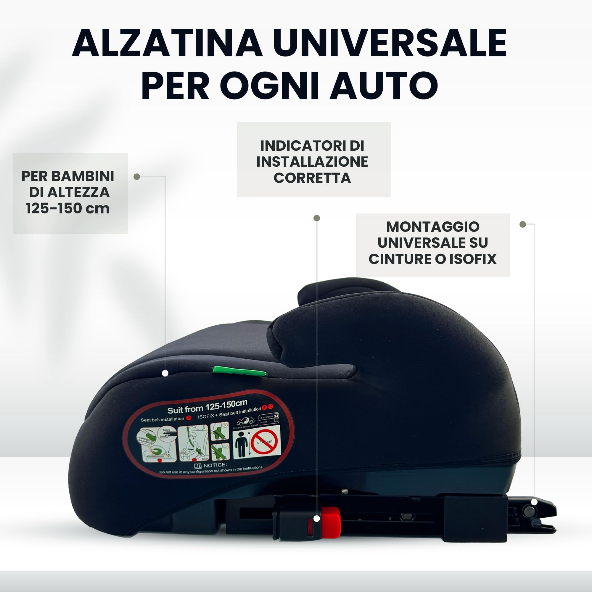 Mein Alzatina Auto Bimbi Isofix Rialzo Auto per Bambini 22-36kg Sistema Isofix Universale Seggiolino Auto gruppo 2-3 Adatto da 5-12 Anni per Bambini 125-150 cm (NERO)