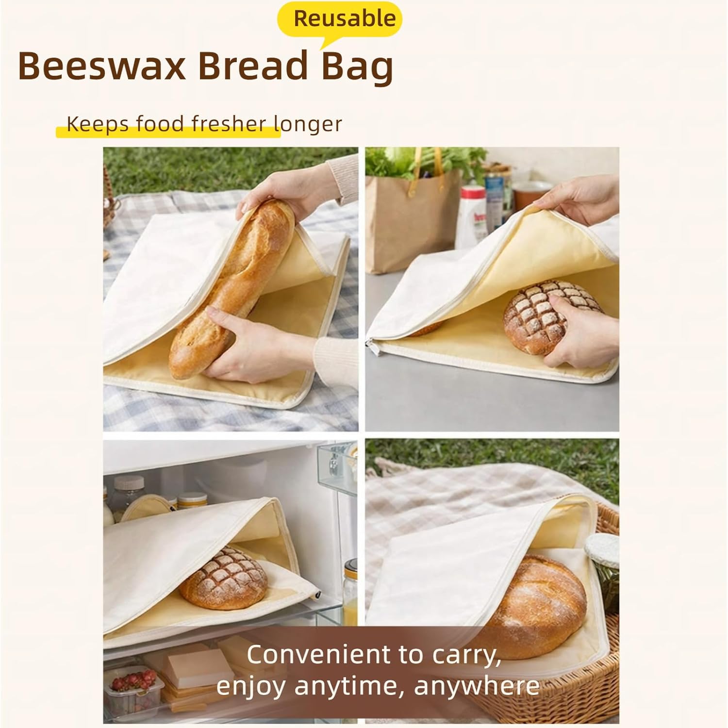 Beeswax Lining Bread Bags, Reusable Bread Bags for Sourdough and Homemade Bread, Moisture Lock with L-shaped Zipper for Bread Freshness with Sealing(2-pack)