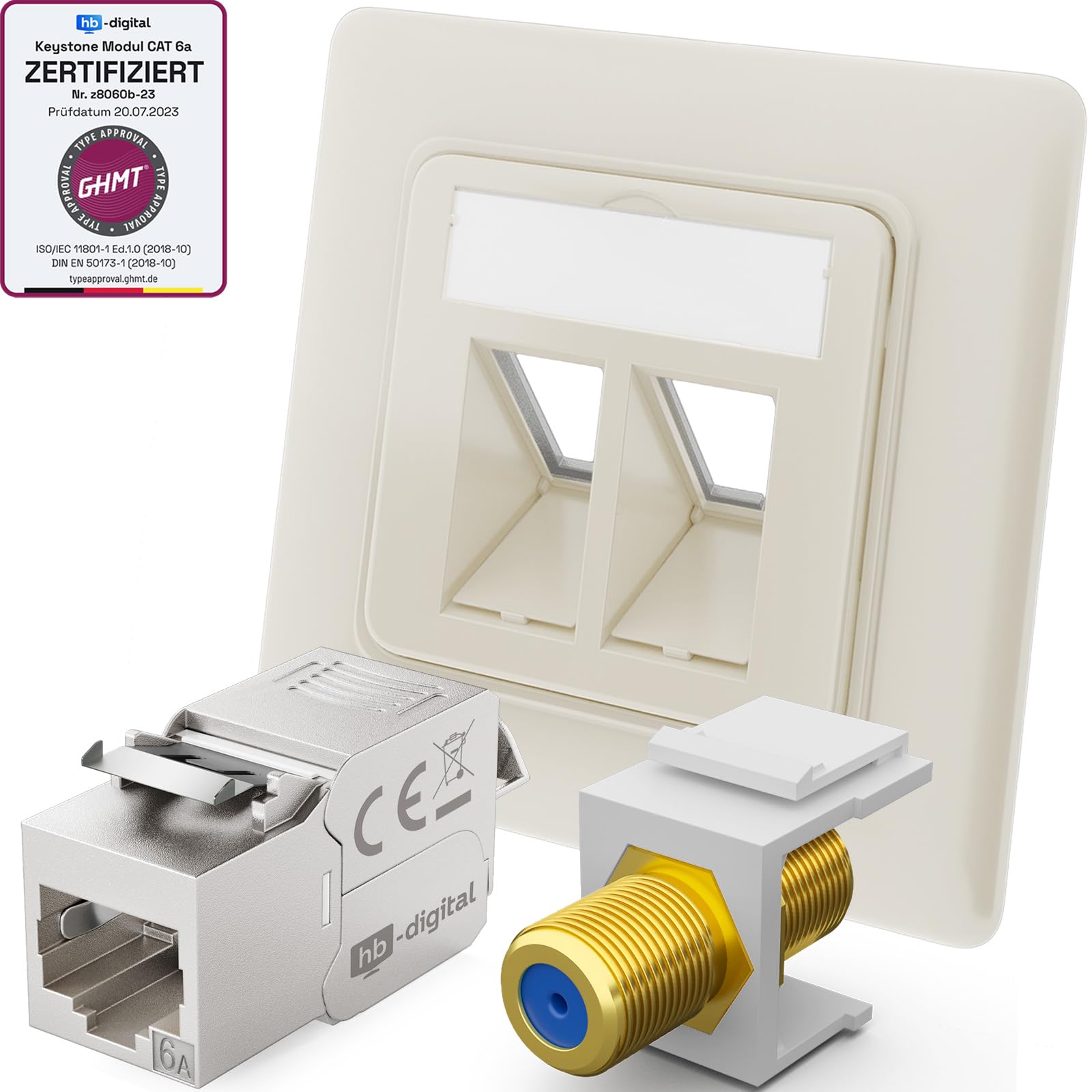 hb-digital 4 prese di giunzione di rete LAN da incasso con modulo RJ45 Keystone CAT 6a e connettore F placcato oro Keystone F femmina Keystone supporto adattatore – bianco puro
