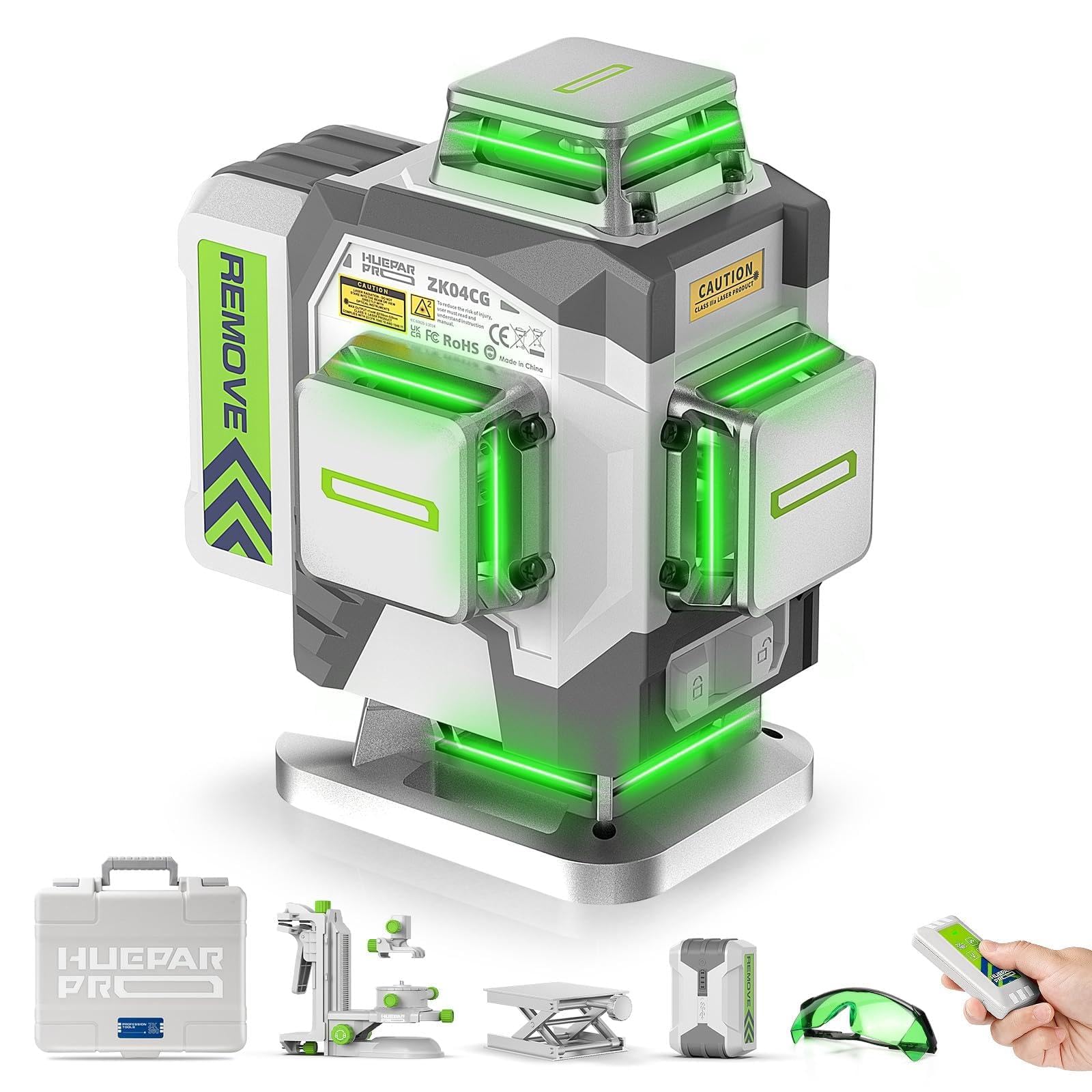 Niveau Laser Rotatif Huepar W04CG – 4D – Vert – Avec Support électrique Et Batterie