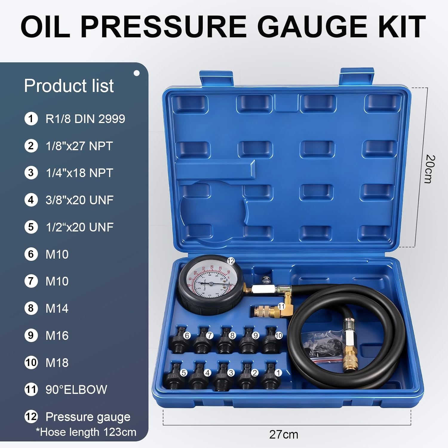 Oil Pressure Tester Kit, 0–140 PSI Engine Oil Pressure Gauge with Hose & Brass Adapters, Automotive Diagnostic Tool for Cars, Motorcycles, Small Diesel Engines, with Storage Case (Blue)