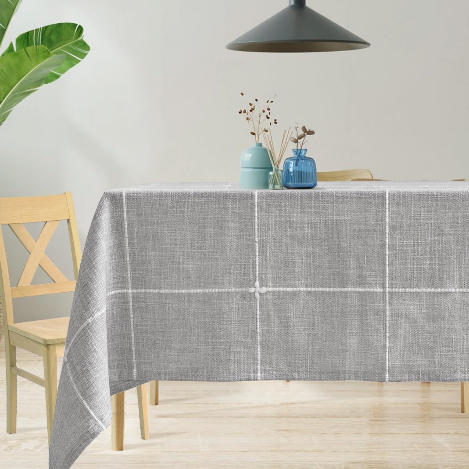Preocea Cotton Linen Tablecloth, 135 x 135 cm Square Tablecloth, Solid Embroidery Lattice Table Cloth, Wrinkle Resistant, Heavy Duty Rustic Fabric Table Cover for Kitchen Dinning Tabletop Decoration