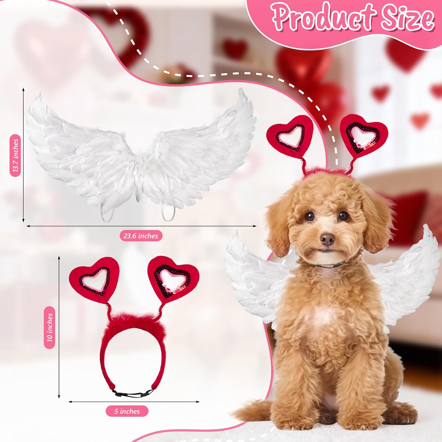 Dog Feather Wings Costume with Heart Headband for Valentine's Day Outfit Cute Pet Costume Set for Medium Large Dogs Cats Puppy