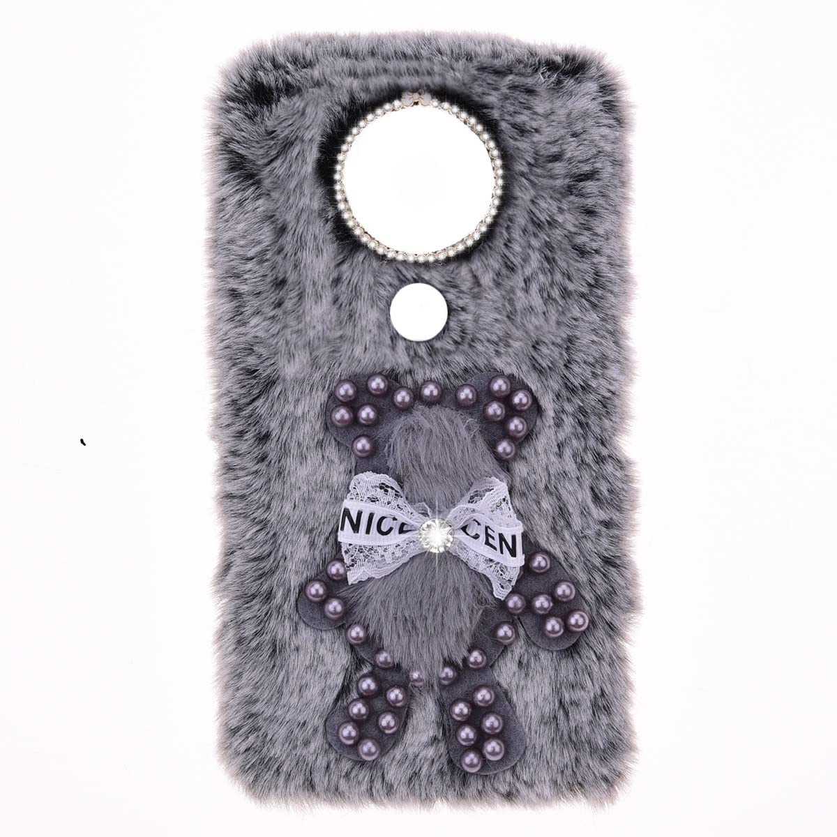 Snclet Grey Bear Fluffy Fur Plush Case For Nokia 5.4 Case Girly Gift Lovely Bear Faux Fur Case Shockproof Back Bumper Silicon Soft Fluffy Furry Chic Bling Diamond Bowknot Case For Nokia 5.4,
