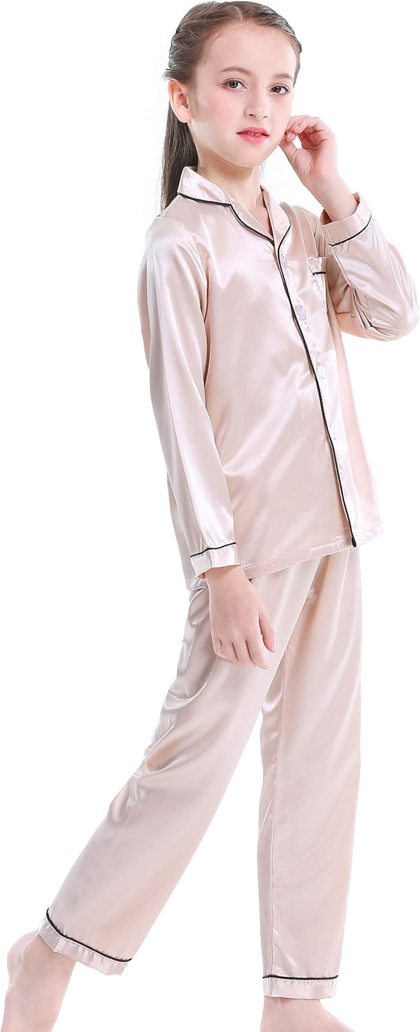 Girls Boys Satin Long Sleeve Button-Down Pajamas Set Sleepwear Loungewear - Image 4