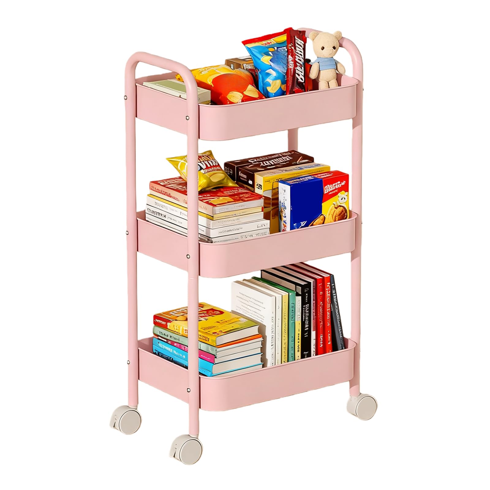 MEETOZ 3 Tier Metal Storage Trolley, 3 Tier Rolling Cart with Handle, Kitchen Rolling Utility Cart Storage Organiser, for Living Room Bathroom Kitchen Office Laundry Room, Narrow Places