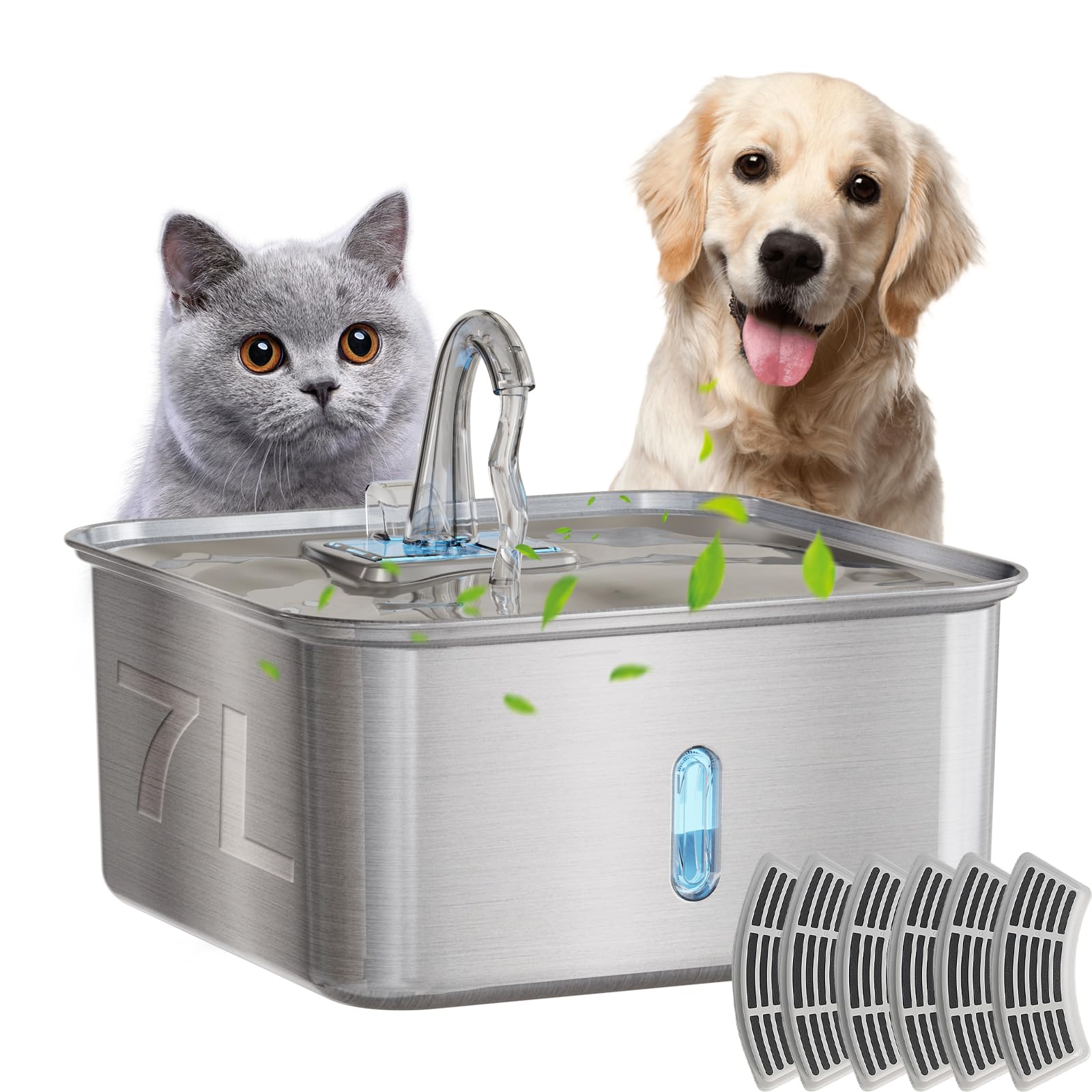 Fuente de agua para perros de 7 l de acero inoxidable con ventana, bomba silenciosa, 6 filtros de repuesto, filtro cuádruple, agua circulante, para varios gatos