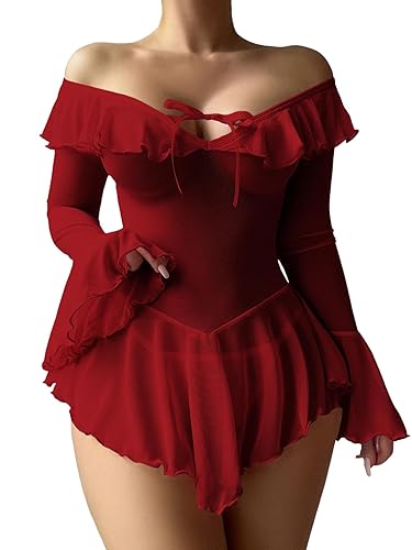 Neohouny Sexy Lingerie for Women Rave Outfits Clubwear See Through Lingerie Sets Bell Sleeve Ruffle Mesh Tops - Wine Red - XX-Large