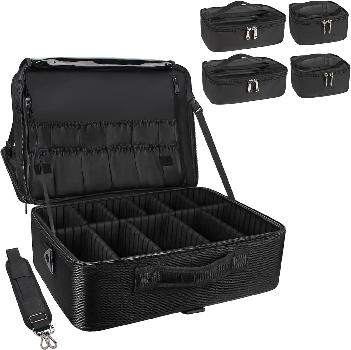 Relavel Extra Large Makeup Case with 4 Pcs Makeup Bags, Professional Makeup Artist Set Portable Nail Organiser Box Art Supply Case with Adjustable Dividers (Combination C - 【Case + 4 Small Bags】)