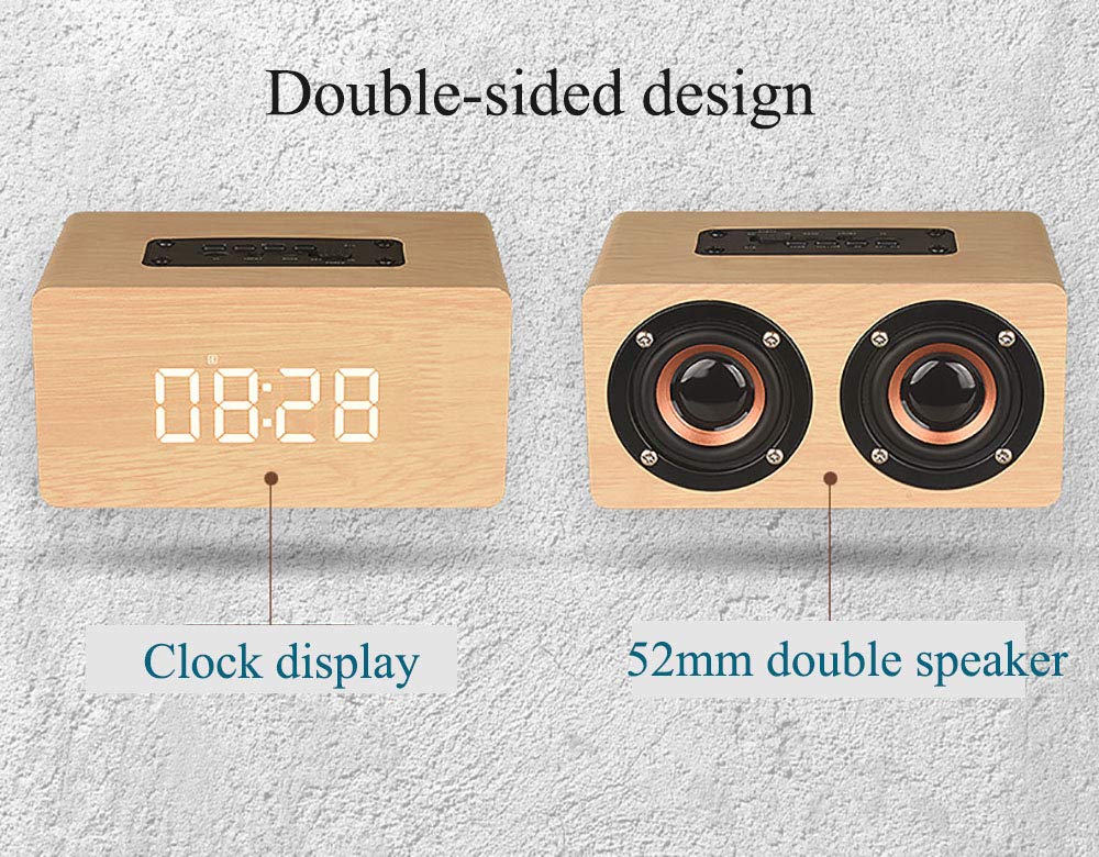 Reloj Despertador Digital de Madera, Altavoz Bluetooth, Relojes Digitales Junto a la Cama con Puerto de Carga USB, Radio FM, Temporizador de Apagado, función de repetición, alarmas duales para