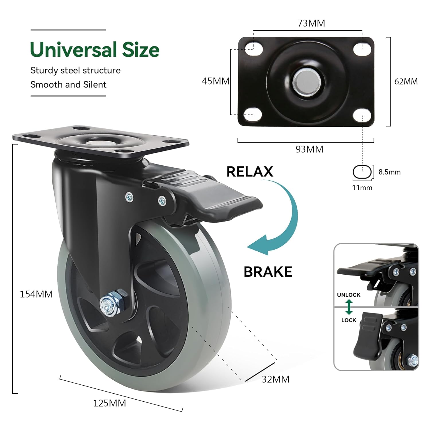 5 Inch Caster Wheels Set of 4 Heavy Duty, BZOLIHEU Swivel Caster with Brake,Silent Top Plate Locking Casters, Grey Polyurethane Castor Wheels for Furniture,Workbench,Cart