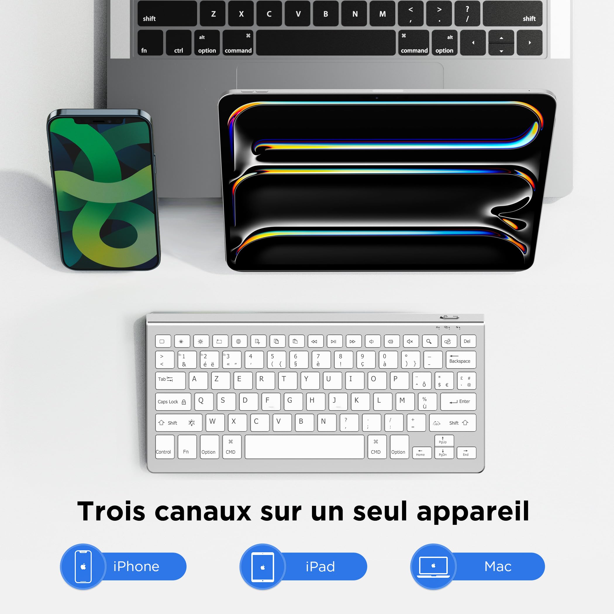 CACOE Clavier Bluetooth pour MacOS, iPadOS et iOS, Éclairage 7 Couleurs, Bluetooth 3 Canaux, pour iPad 10e Génération/iPad Air/Pro/Mac Mini, AZERTY Clavier Mac, Argent