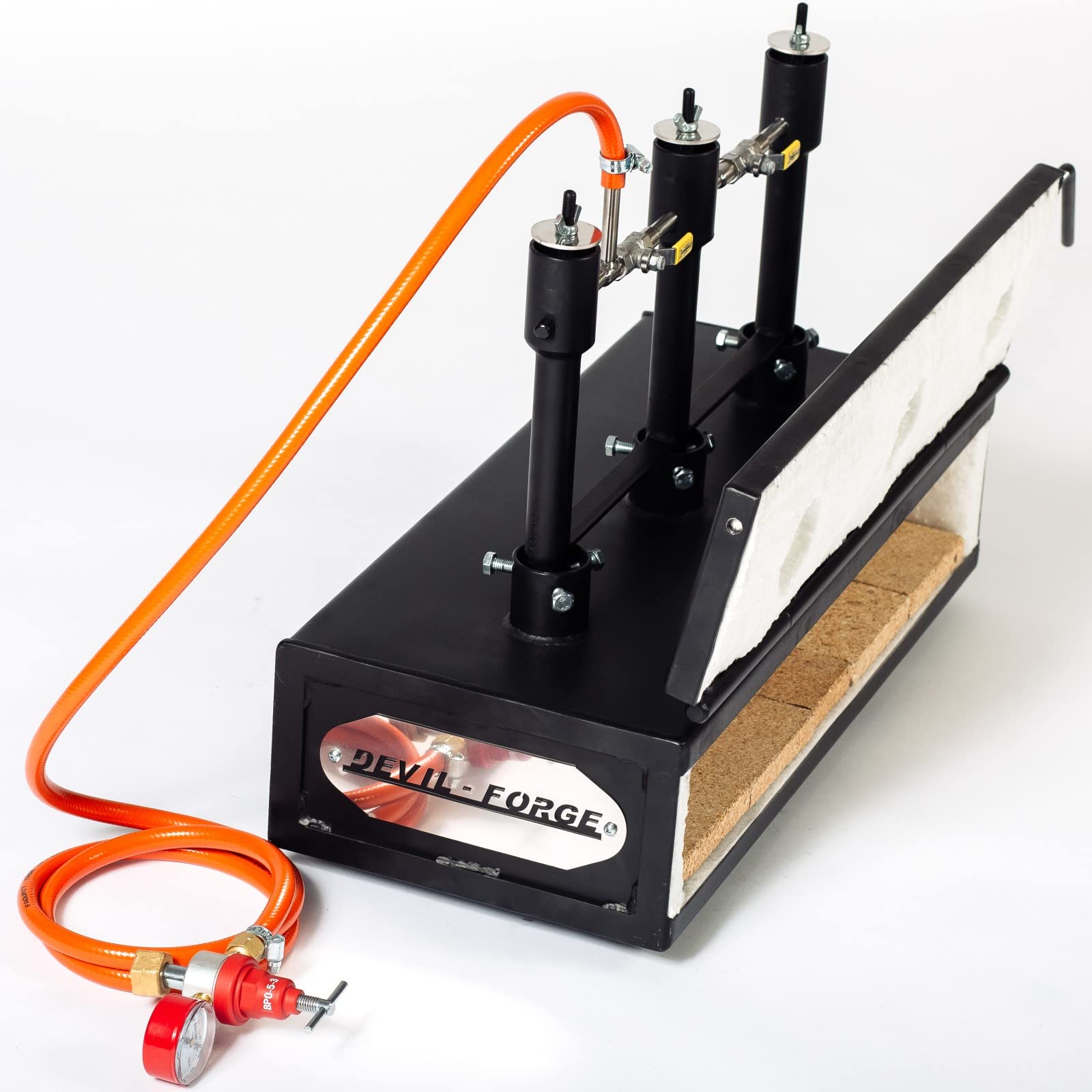 DEVIL-FORGE Fragua de gas DFHS3+1D/3.6” Horno de Forja, 3 Quemadores DFP (240.000 BTU) usas 1/2o3, Válvula de bola gas, Estrangulador de aire, 1 Puerta, cuchillos, herraduras, Herrero, Herrador 1370°C