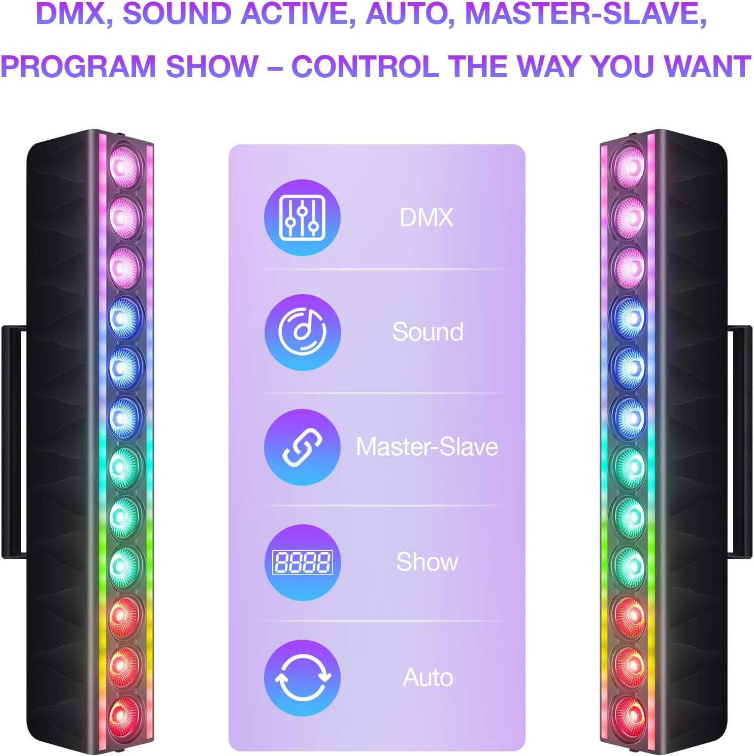 Diagram illustrating the various control modes available for the LED Stage Wash Light Bar, including DMX, Sound, Master-Slave, Show, and Auto.