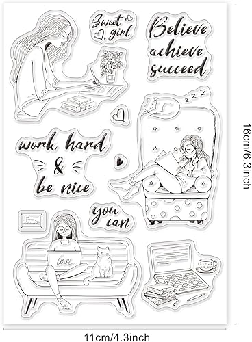 Miniatura 2 de GLOBLELAND Sellos transparentes para mujer trabajadora, para leer libros, para hacer tarjetas, manualidades, álbumes de recortes, álbum de fotos,