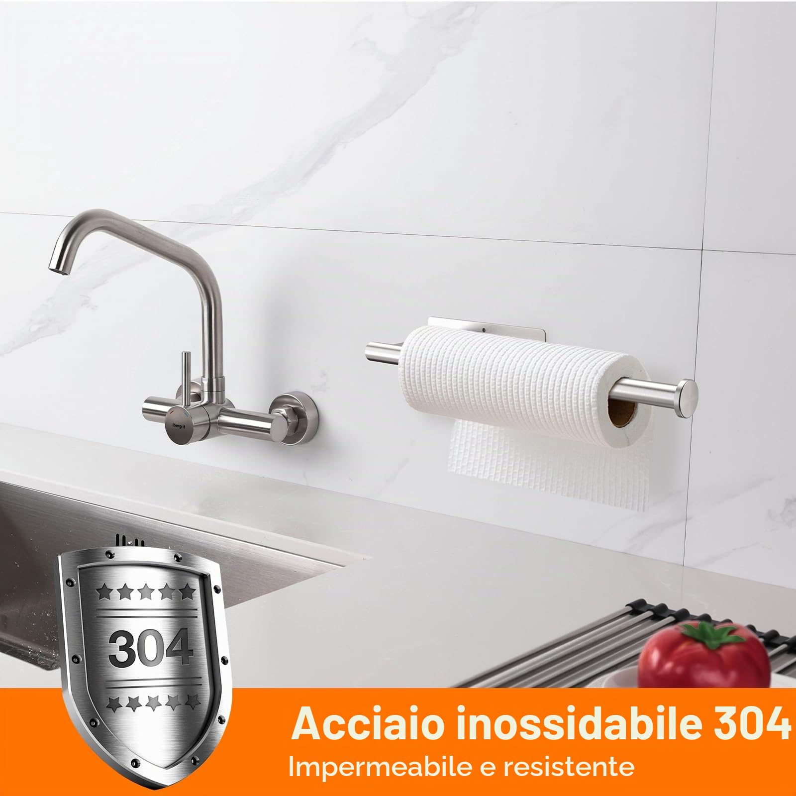 Ibergrif M34055A - Portarotolo da cucina con adesivo, porta rotolo di carta da cucina, senza trapano, in acciaio inox, grigio