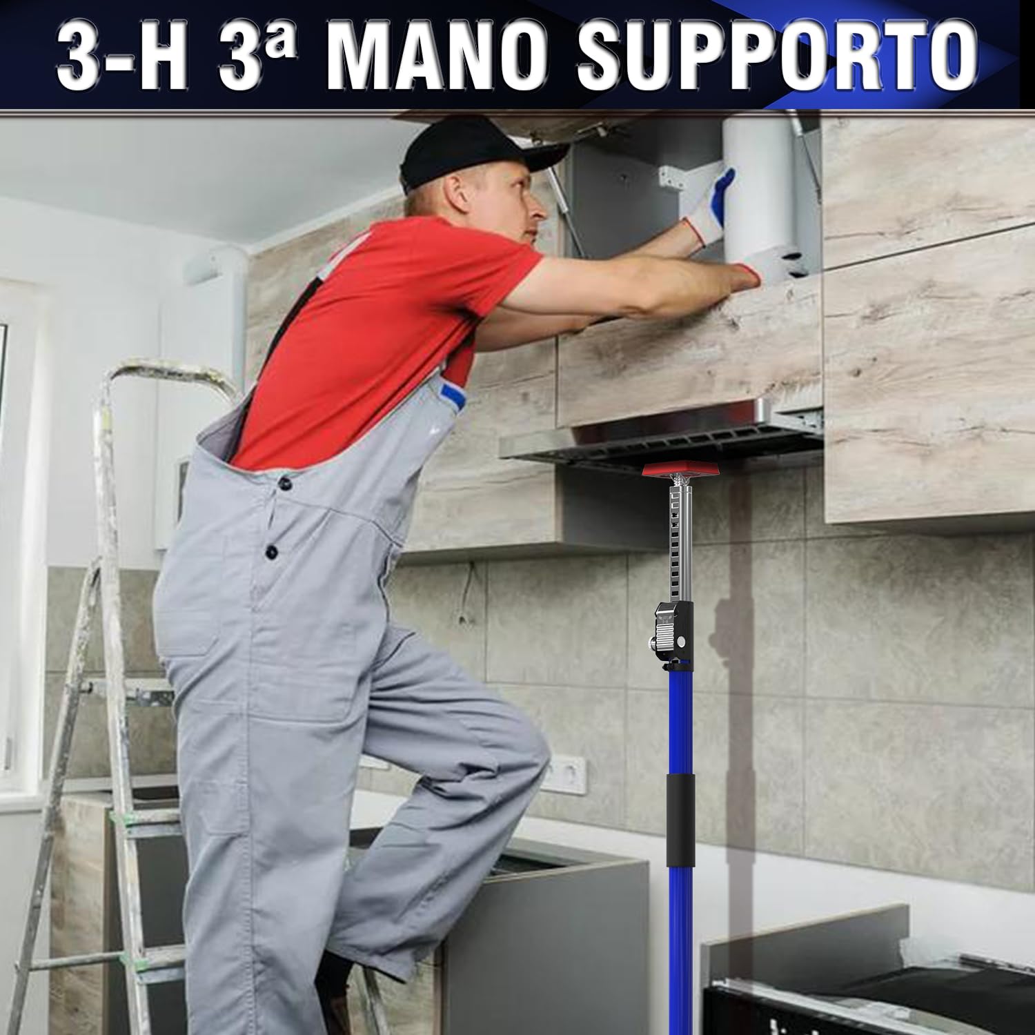 3-H Asta di supporto telescopica di terza mano, resistente, barre di carico, asta di supporto interamente in acciaio per armadietti, martinetti e cartongesso, capacità 74,8 kg e si estende da 110 a