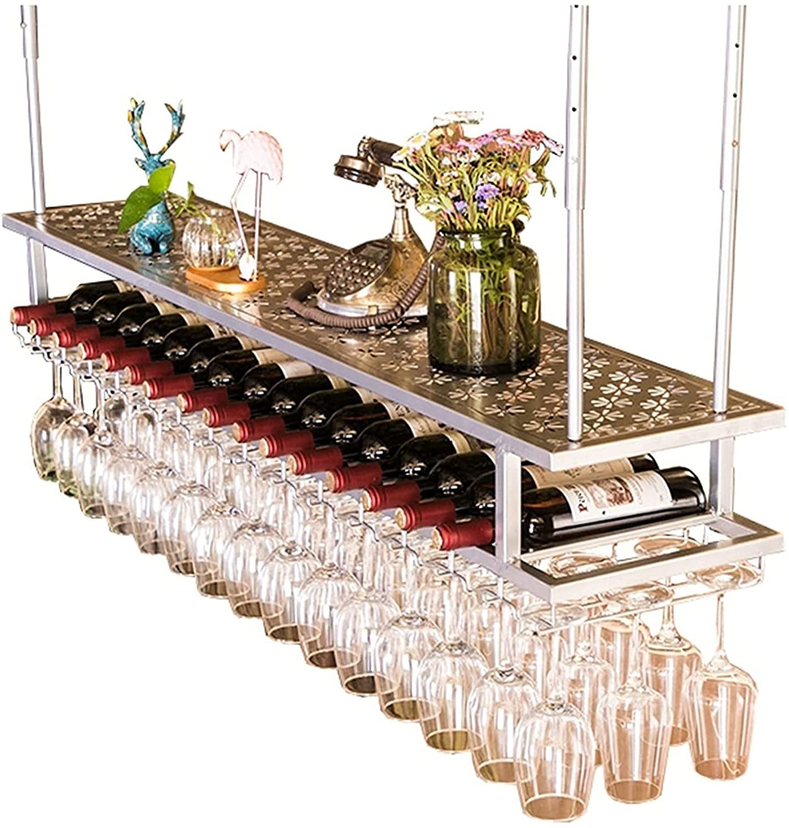 Conception à double couche pour ce porte-verres à vin en métal gain de place